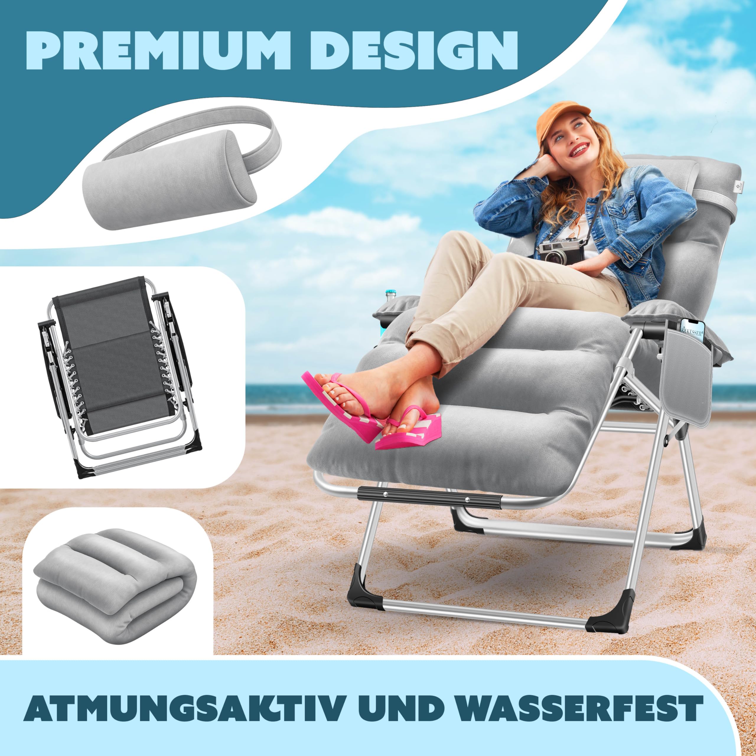 KESSER® Tumbona Plegable XXL, Resistente a la Intemperie, Capacidad de Carga 200kg, Tapizado Ergonómico, Respaldo Ajustable, Cojín Cervical, Portavasos y Cojín para Brazos, Basic - Gris