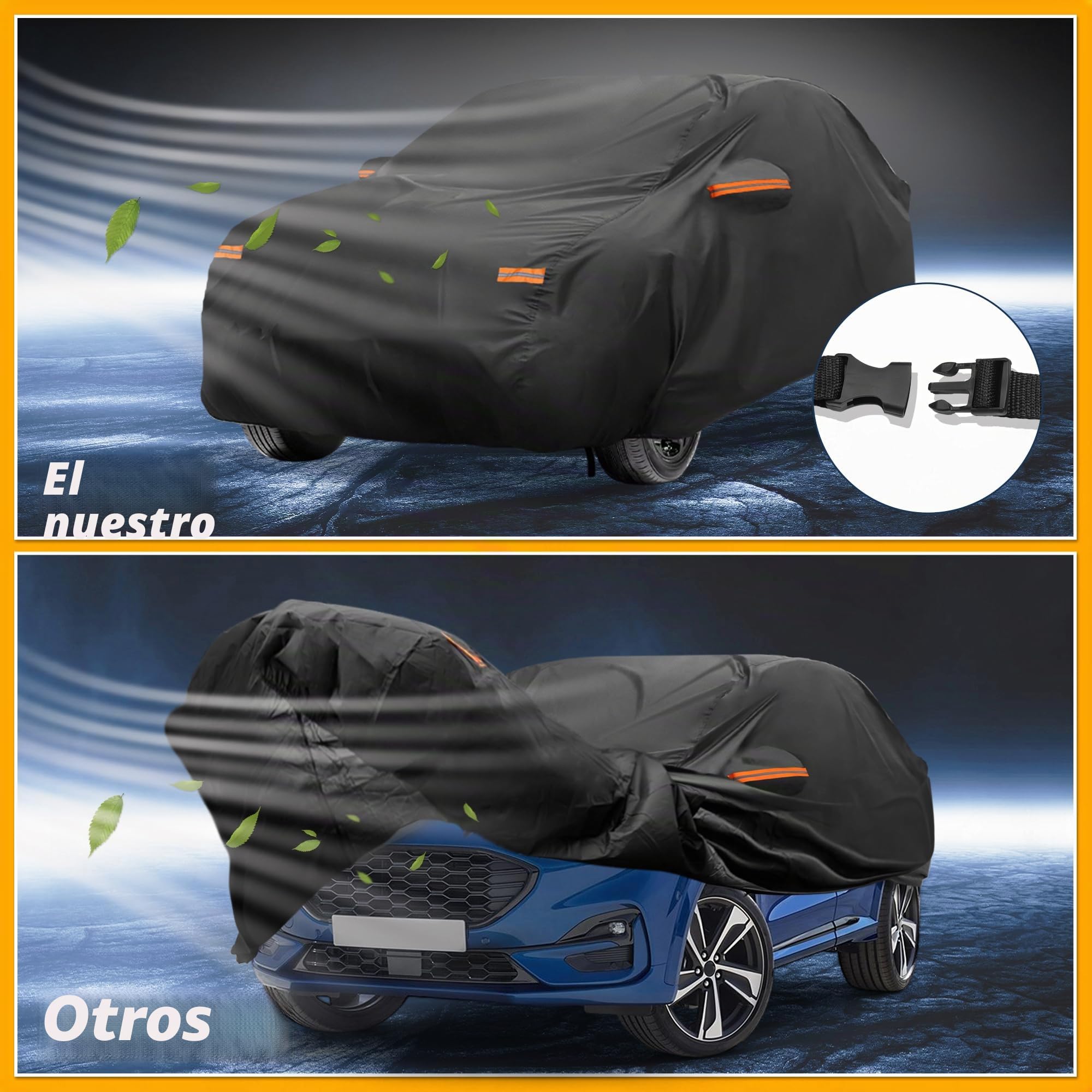 Funda De Coche Impermeable Anti-UV para Ford Puma 19-23 1Pc | 190T-Pu, Negro, 425X180X140Cm, Impermeable, Anti-Uv, Todo Clima, Cremalleras, Cuerda Elástica, Franjas Reflectantes