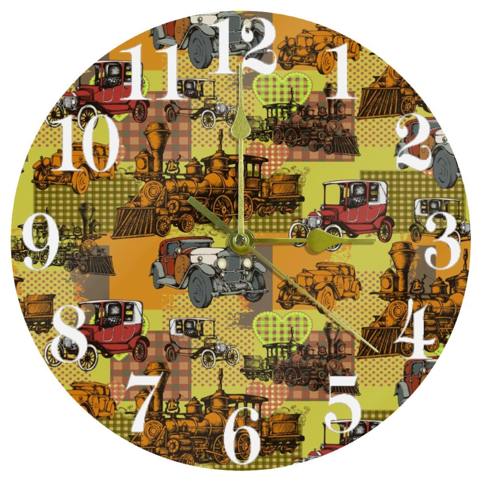 VAPOKF Vintage 1990s Train and Car Wall Clock, Silent Non Ticking Quartz Battery Operated Round Wall Clocks Home/Kitchen/Office/School Clock
