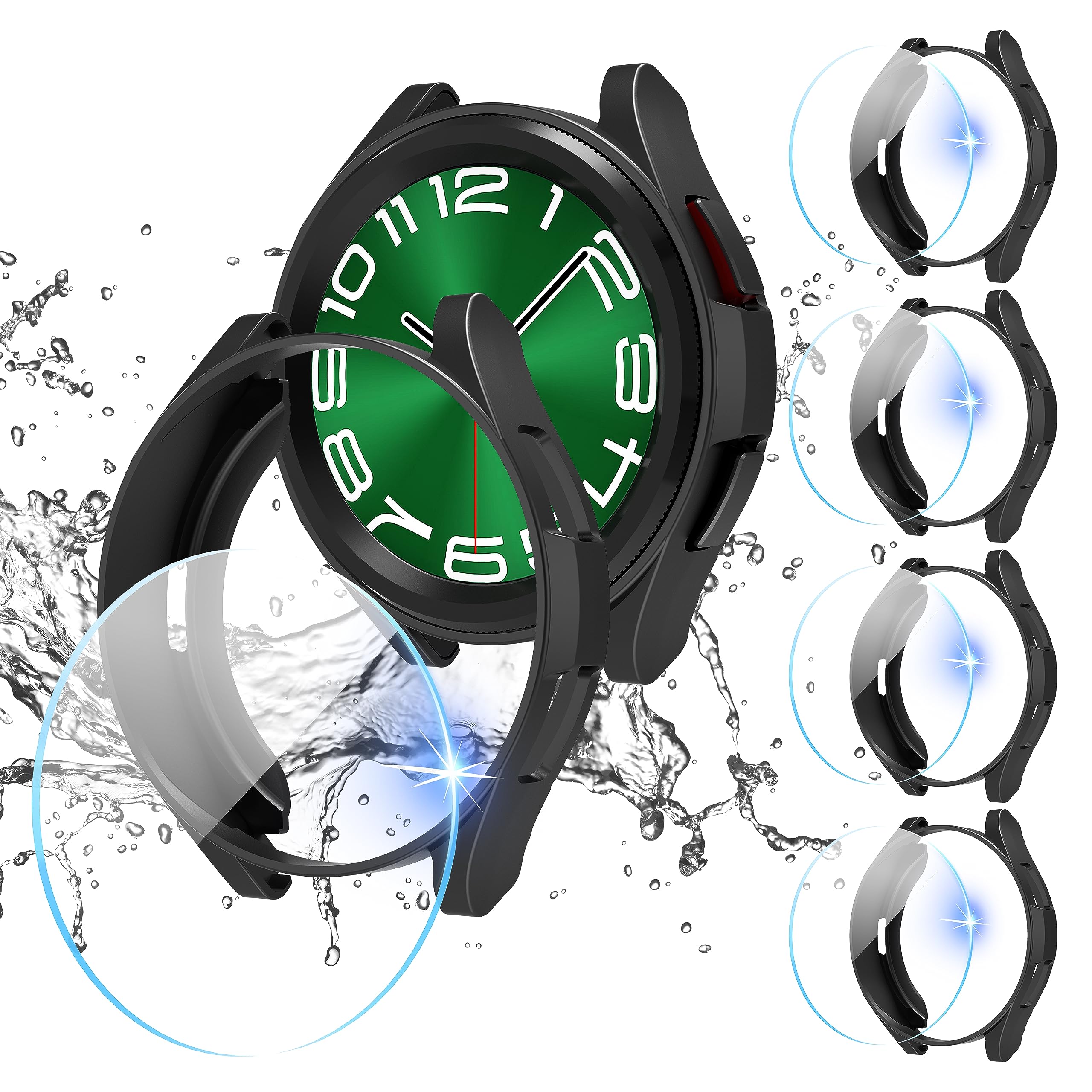 Diruite 4+4 Pieces Case for Samsung Galaxy Watch 6 Classic 47 mm Protective Case, Hollowed Scratch-Resistant PC Case 4 & HD Tempered Glass Screen Protector 4 for Samsung Galaxy Watch 6 Classic 47 mm