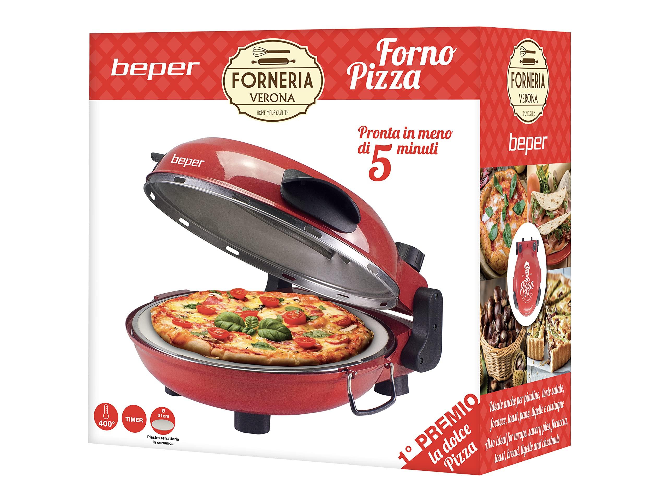 BEPER P101CUD300 Horno de Pizza con Placa Refractaria Extraíble - Horno de Pizza Eléctrico con 5 Planos de Cocción y Temporizador