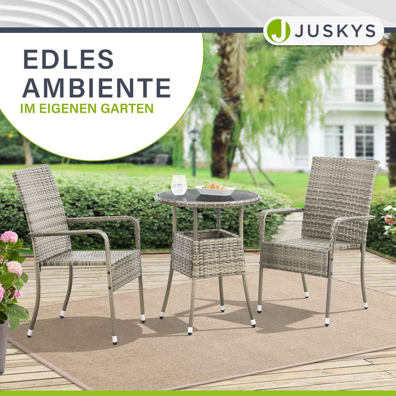 Juskys Polyrattan Gartentisch Yoro wetterfest - Balkontisch Ø 60 cm rund - Rattan Beistelltisch mit Glasplatte - Kleiner Tisch für Balkon - Grau