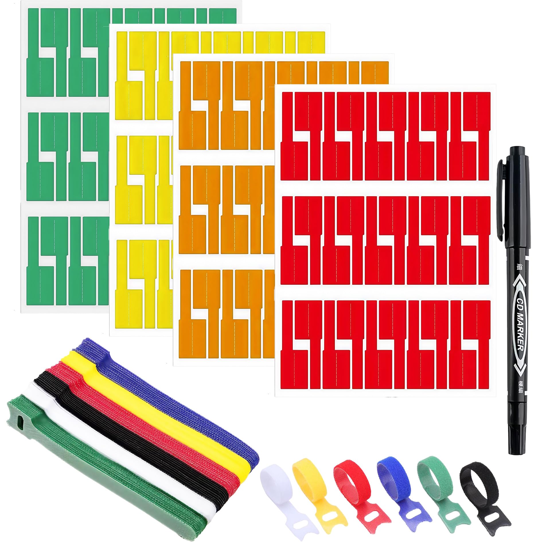 240-Piece Water-Resistant Cable Labels and Tags Kit with Marker - 10 Colors Hook Loop Straps for Electronics Home