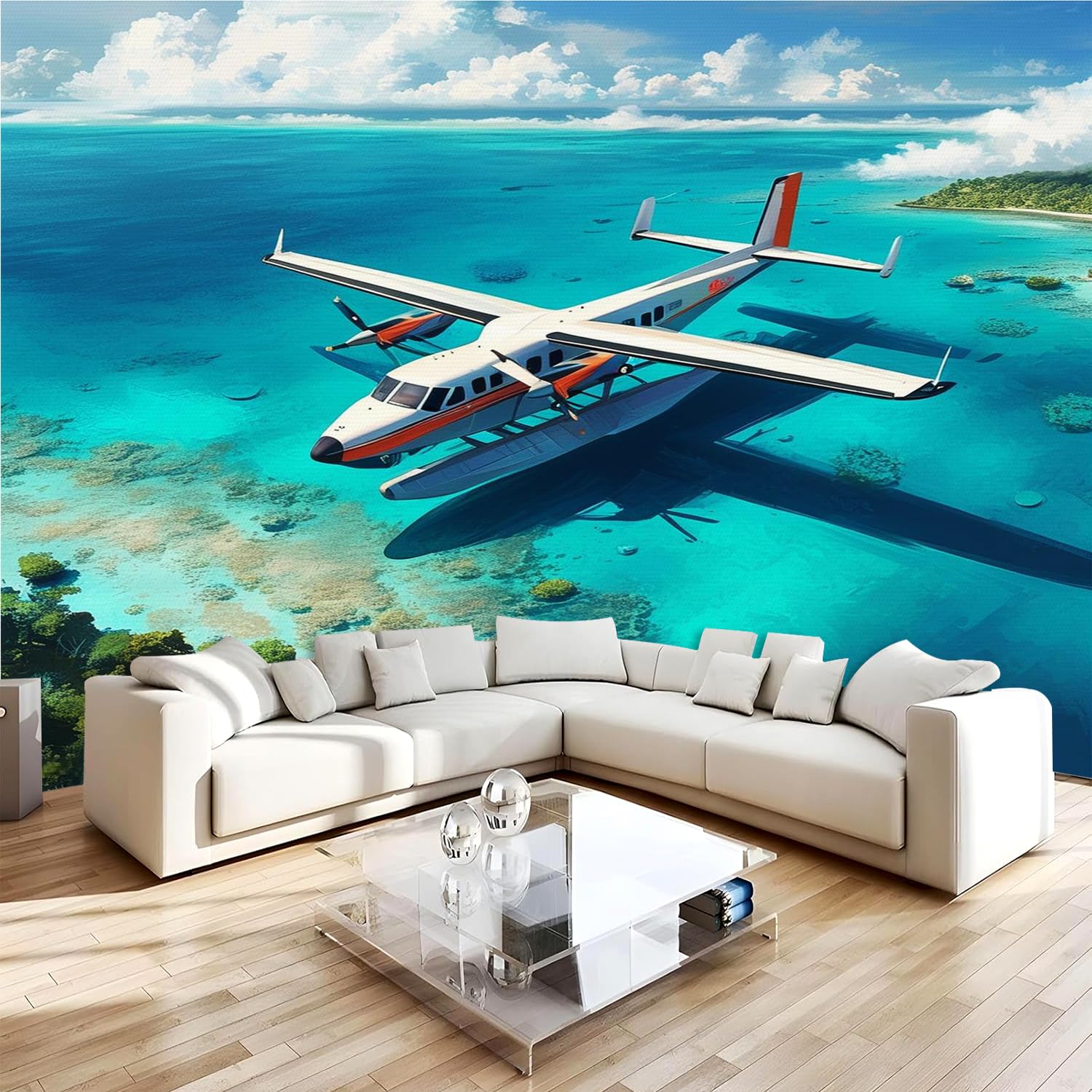 Générique Papier Peint Panoramique 3D 366x254 cm Avion Non-tissé Murale Maison Décoration Intérieure Océan Paysage pour Chambre Salon Mur TV Artistique Poster Décoration Murale 1M82