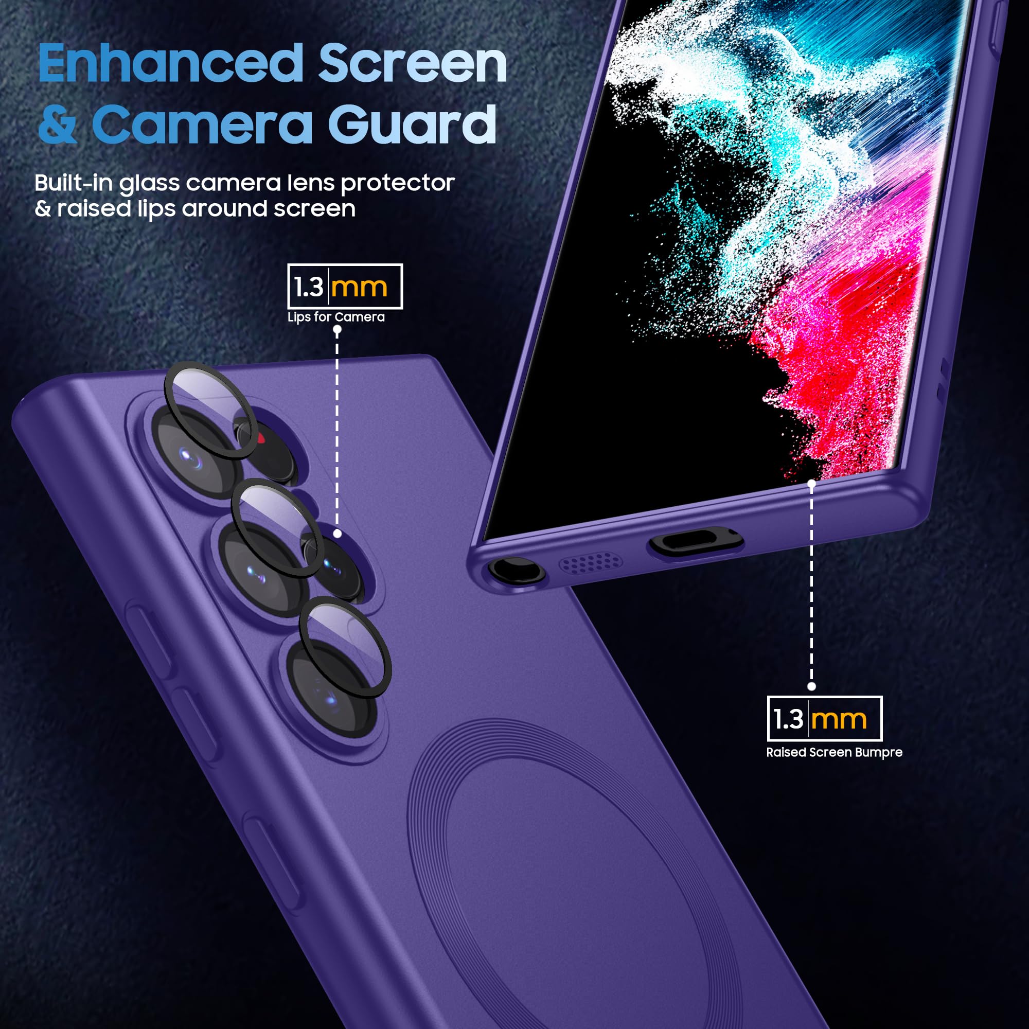 MAKAVO Funda Mate para Samsung Galaxy S22 Ultra, Compatible con MagSafe, Cubierta magnética Delgada con Protector de Lente de cámara Integrado, Carcasa a Prueba de Golpes (Morado)