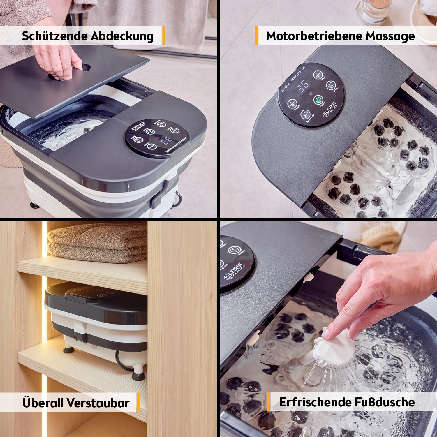 TZS First Austria - Fußsprudelbad Fußmassagegerät klappbar 500W mit 3 Aufsätzen & 6 Massagerollen - Fußbad mit Vibrations- & Luftblasenmassage, Infrarot- & Heizfunktion - Elektrische Fußbadewanne