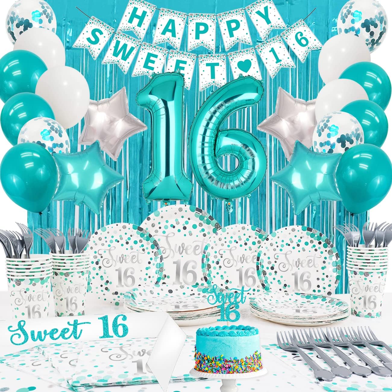 Sweet 16 Party Decorations - Teal Plates, Napkins, Balloons, Sash, Caketopper, Metallic Curtains, Tablecover for 20 Guests