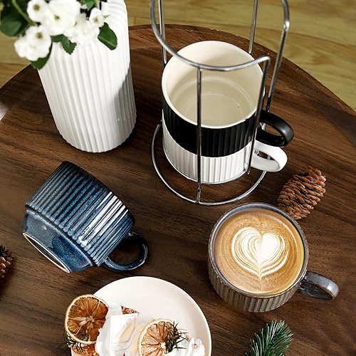 Miniatura 4 de Tazas de café de cerámica con soporte, juego de 4 tazas de café apilables de 15 onzas para café con leche, capuchino, moca, cacao, tazas de café