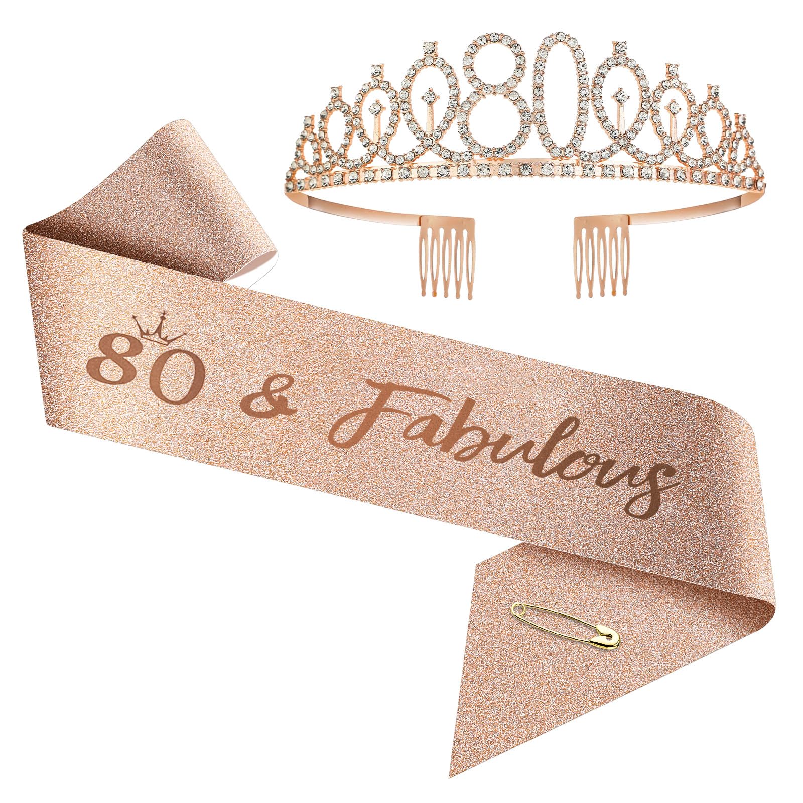 Upgrade Birthday Crown and Sash for Women Birthdays from 1 year old to 100 years old- Rose Gold Rhinestone Tiara Set and Sash for Decorations (80 years old)