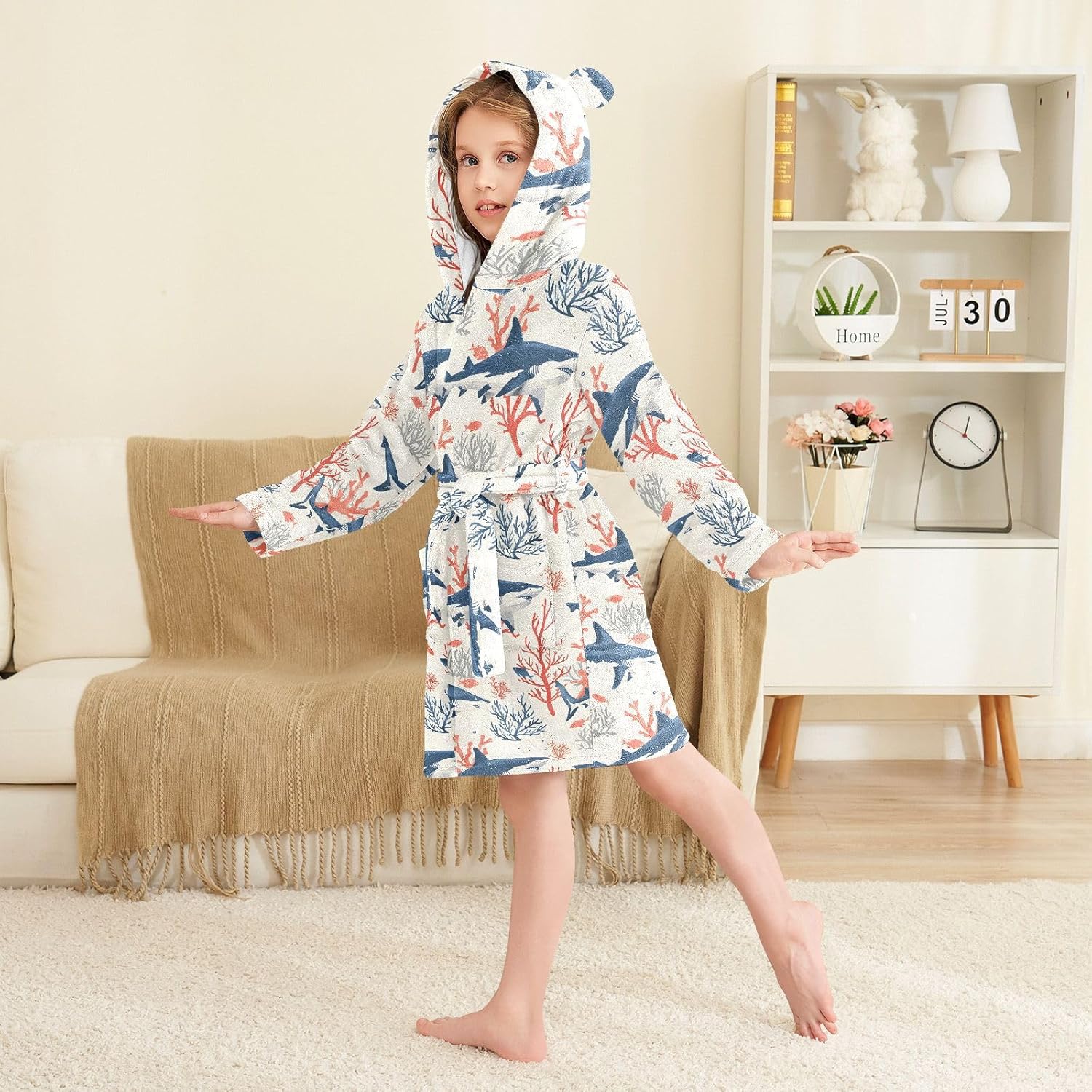 senya Shark on Coral Toddler Hooded Bathrobe Kids Soft Plush Bath Towel Robes for Boys Girls 2-12 Years