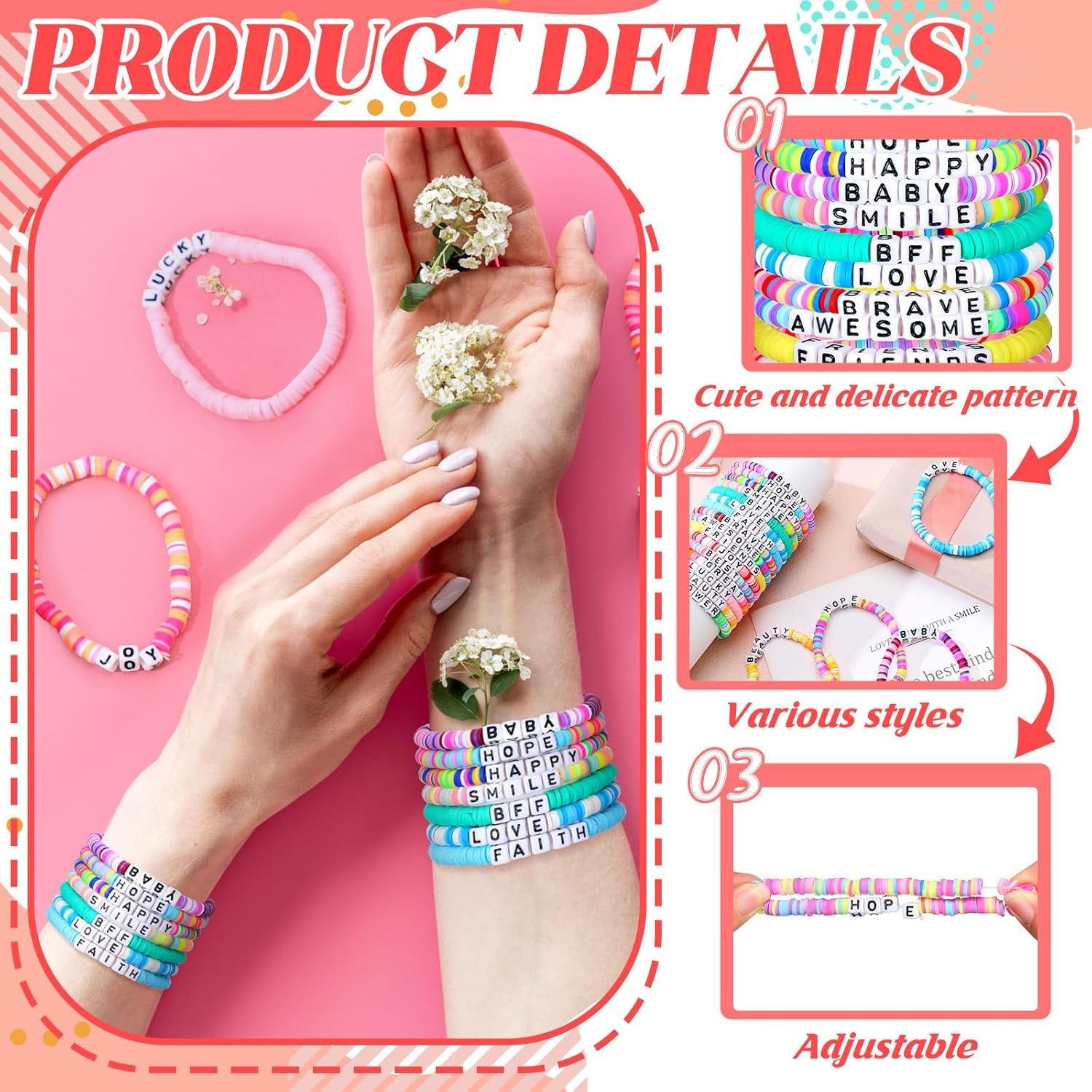 Landical 64 Pcs Friendship Bracelets Bulk Women Beaded Heishi Surfer Inspirational Stackable Party Favor Bracelet Pack Vinyl Beaded for Goody Bag Fillers Party Favors Gifts Valentine