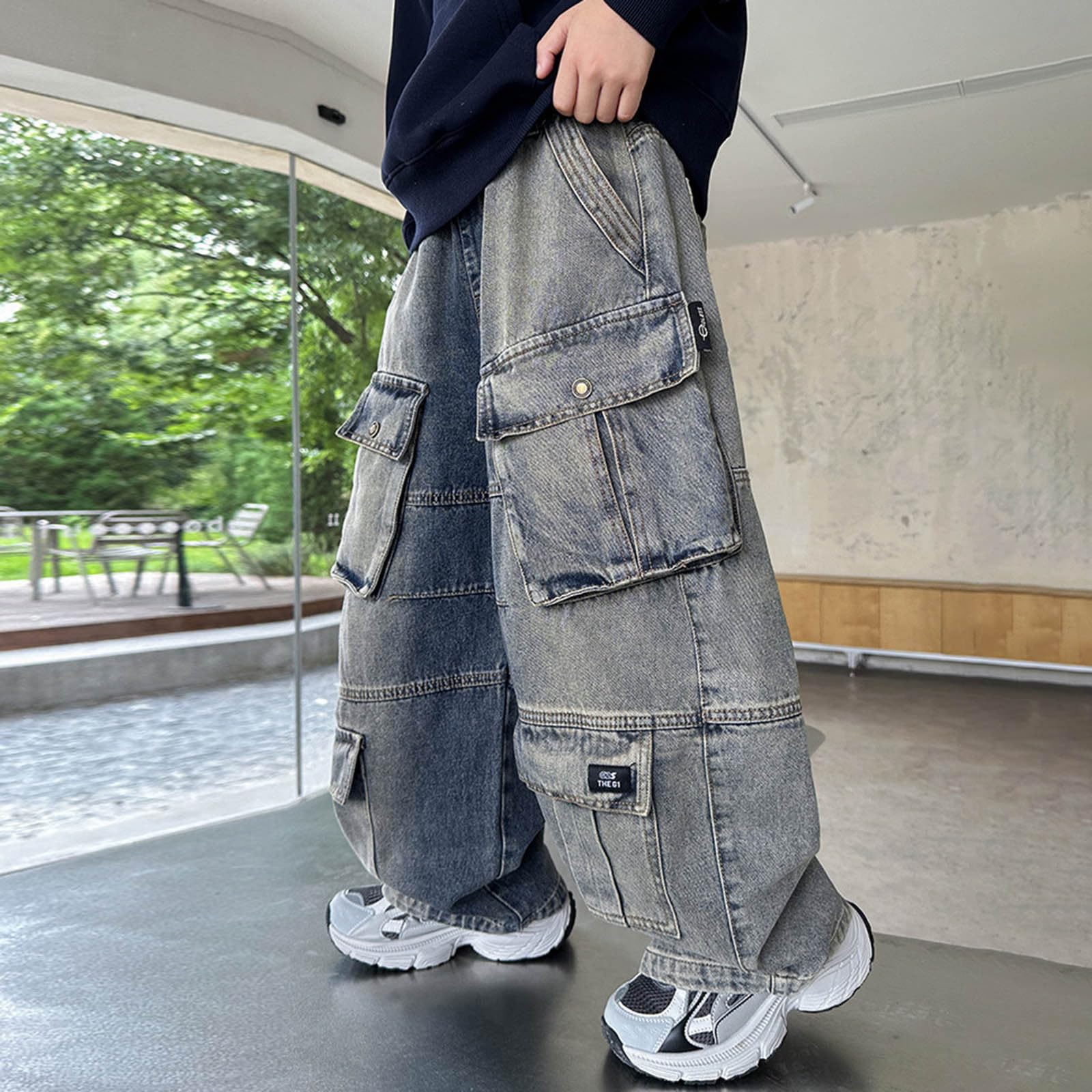 Generico Pantaloni Cargo per Ragazzi Pantaloni Casual in Denim alla Autunnale per Bambini e Adolescenti Abbigliamento da Lavoro Streetwear
