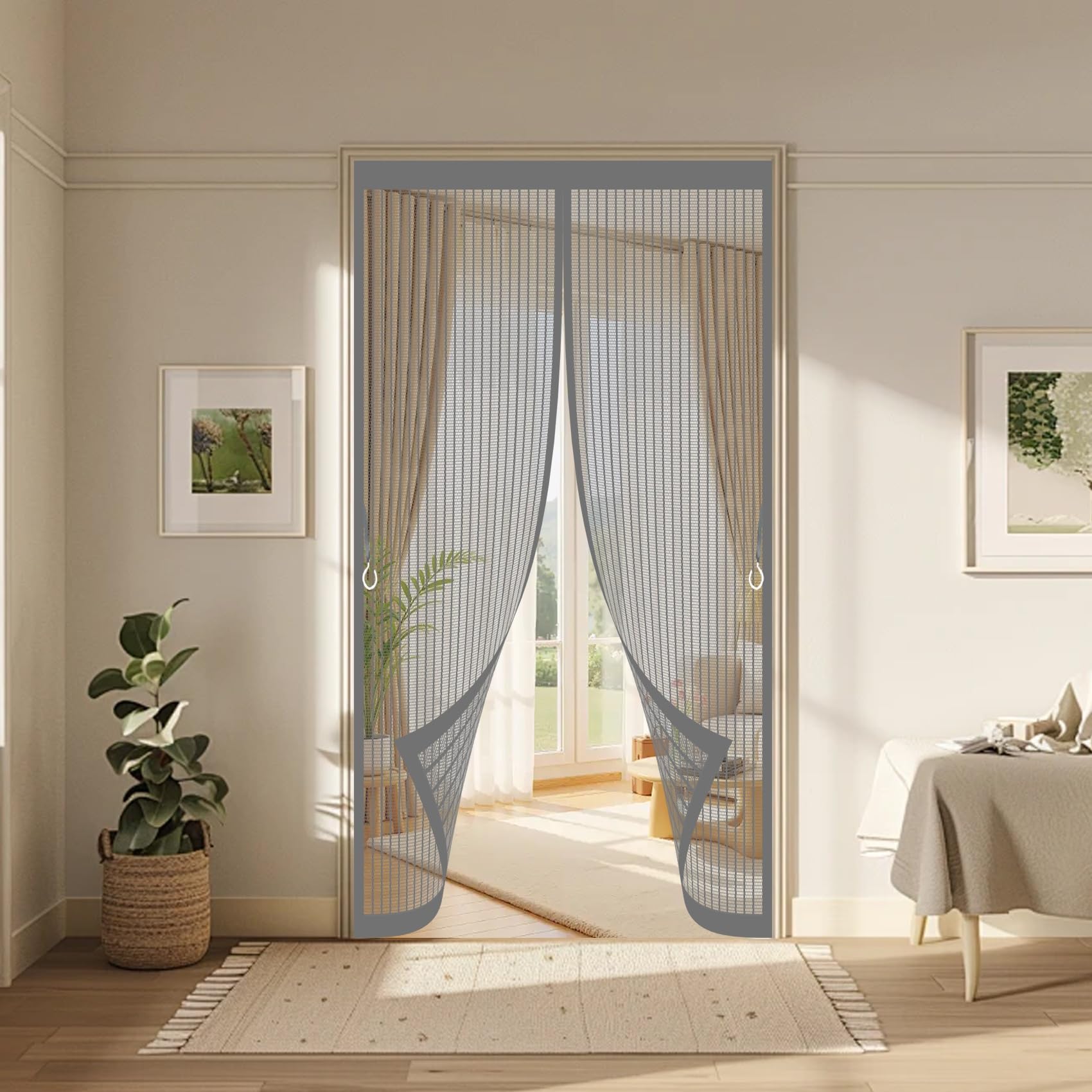 Fly Nets for Doors 145 x 246 cm with Powerful Magnets & Full Frame Magic Tape No Gap, Lets Fresh Air in, Keep Bugs Out Screen Mesh Curtain Fits Door for Patio Doors Bedroom, Grey