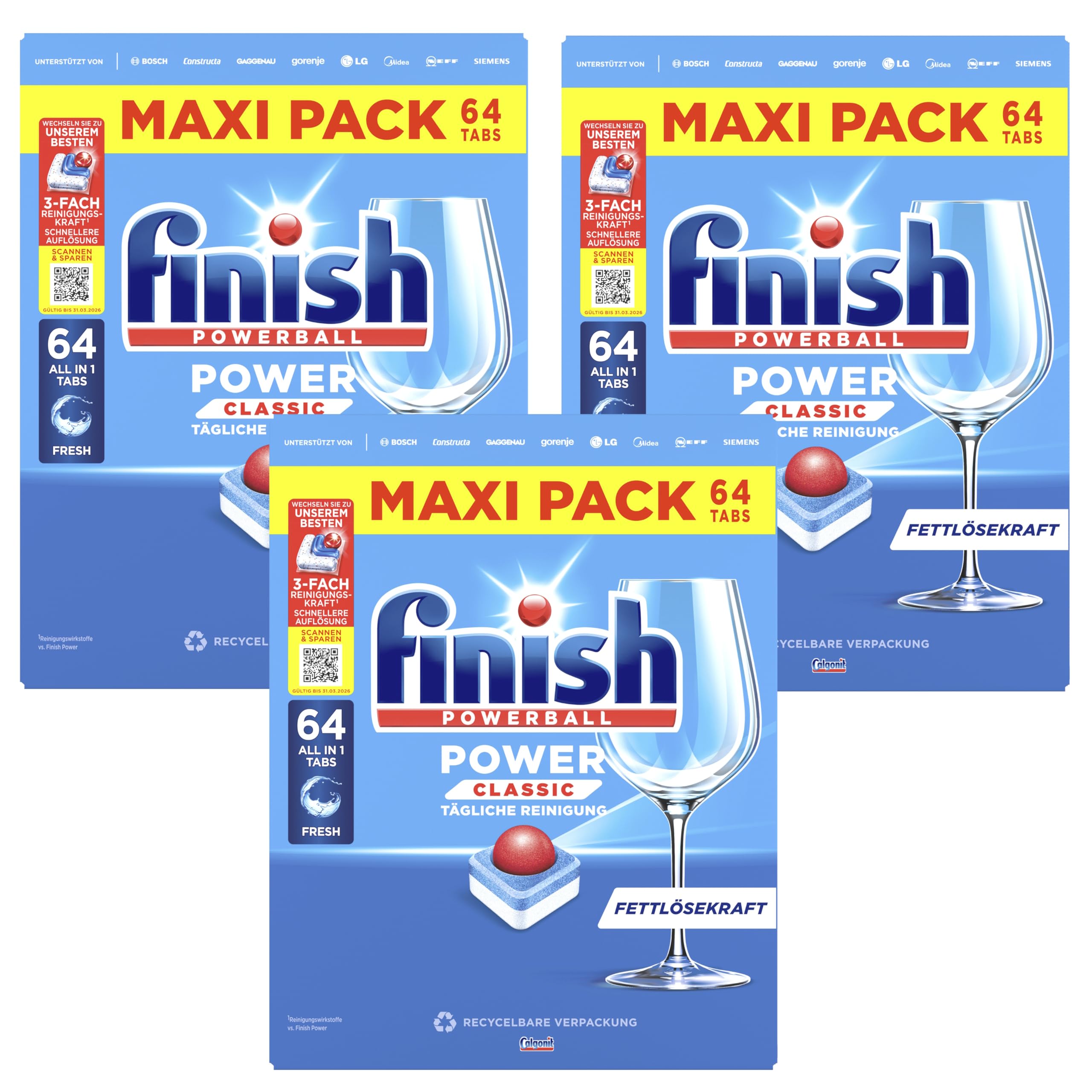 Finish Power Classic - Pastillas para lavavajillas, paquete maxi, 192 pastillas Finish (3 x 64 pastas)