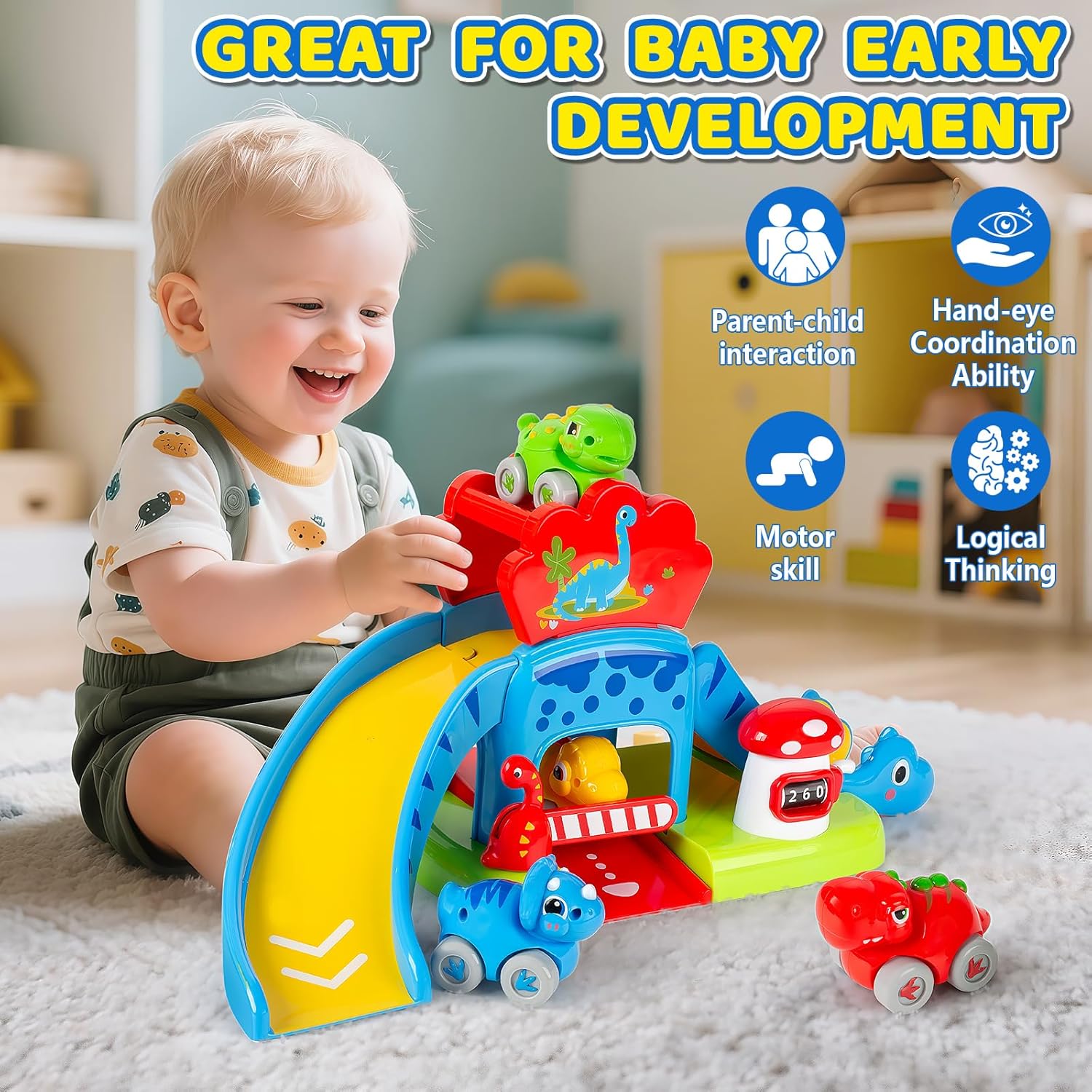 Toys for 1 Year Old Boy and Girl, Race Track for Toddlers 1-3 with 4 Dinosaurs Car Toys for Baby 12-18 Months, First Birthday Gifts for Boys, Educational Slide Toys for Ages 1-2 - Image 2