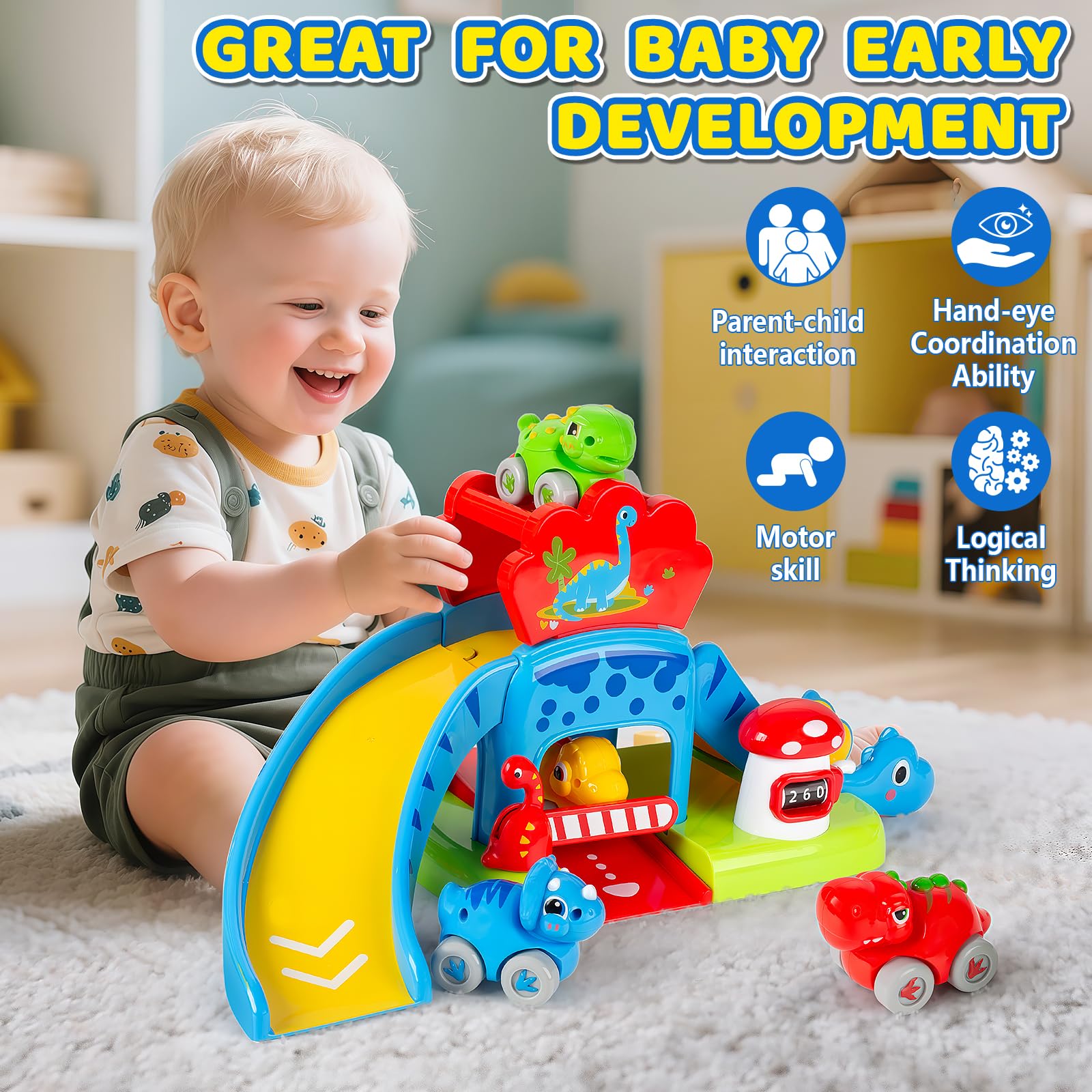 Toys for 1 Year Old Boy and Girl, Race Track for Toddlers 1-3 with 4 Dinosaurs Car Toys for Baby 12-18 Months, First Birthday Gifts for Boys, Educational Slide Toys for Ages 1-2