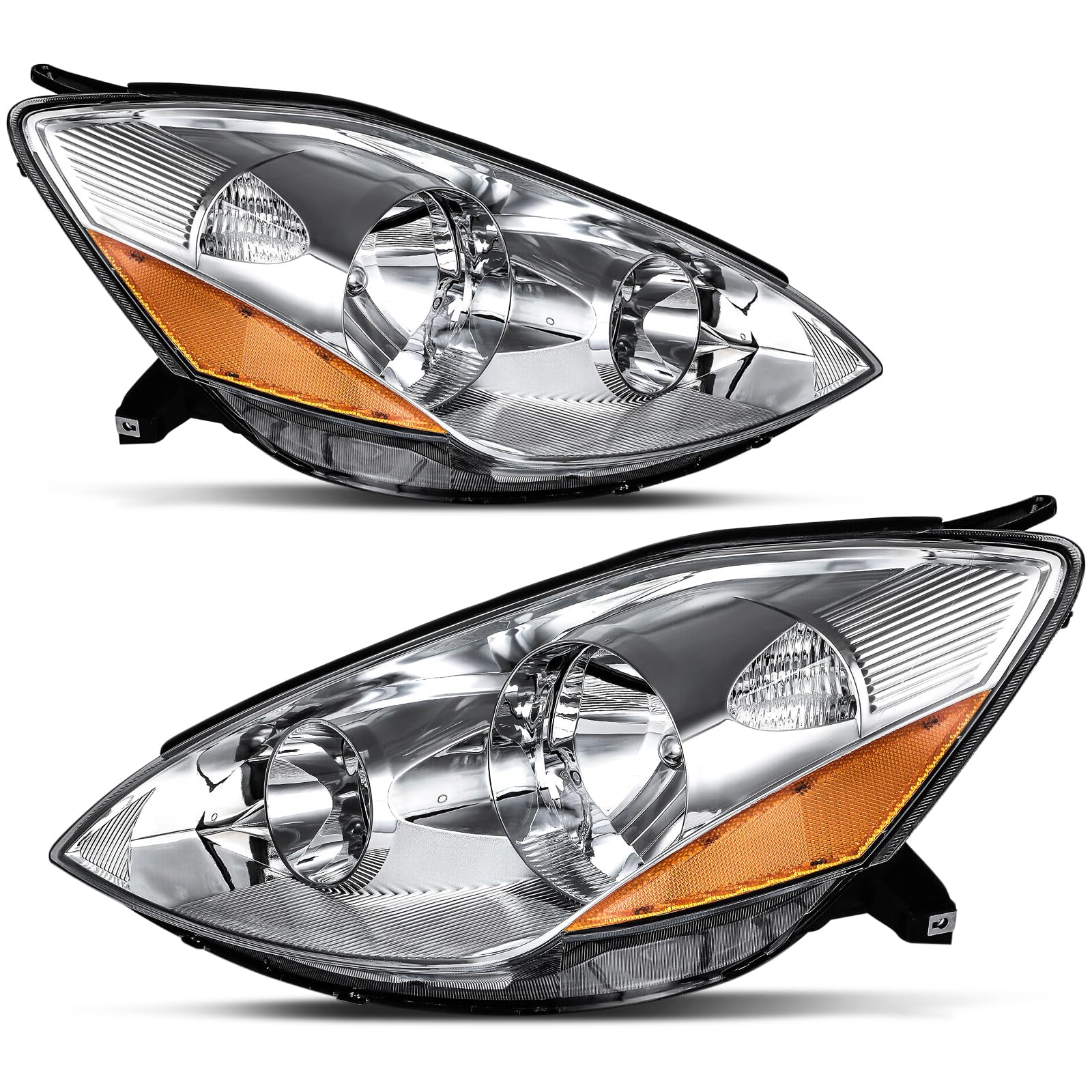Headlight Assembly Compatible With 2006-2010 TOYOTA SIENNA Chrome W/Amber Halogen LH+RH Pair
