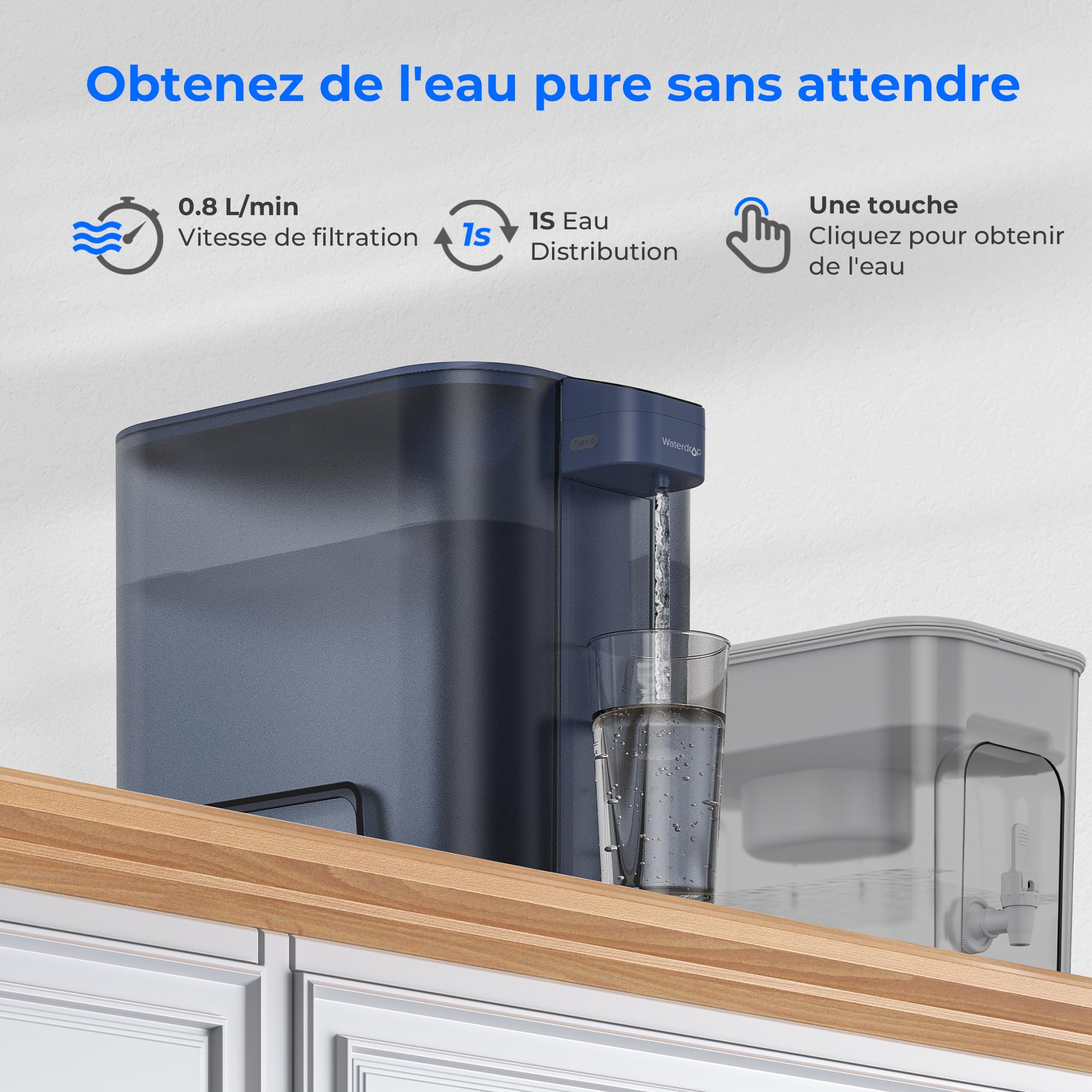 Waterdrop Mega Carafe Filtrante Électrique Avec Filtre de 3 Mois, Système de Filtration d'eau de Comptoir de 6 L, Réduit le Chlore, le Plomb, le Mercure, Réduit les PFAS, 757 Litres, Bleu