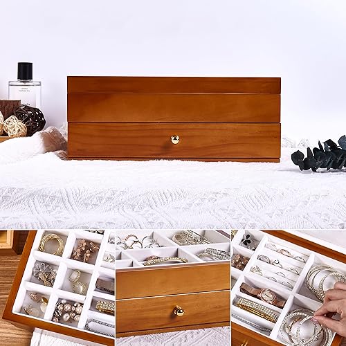 Miniatura 6 de Joyero de madera con cajón, madera maciza natural real de tamaño mediano, organizador vintage de 2 capas con almacenamiento de aretes