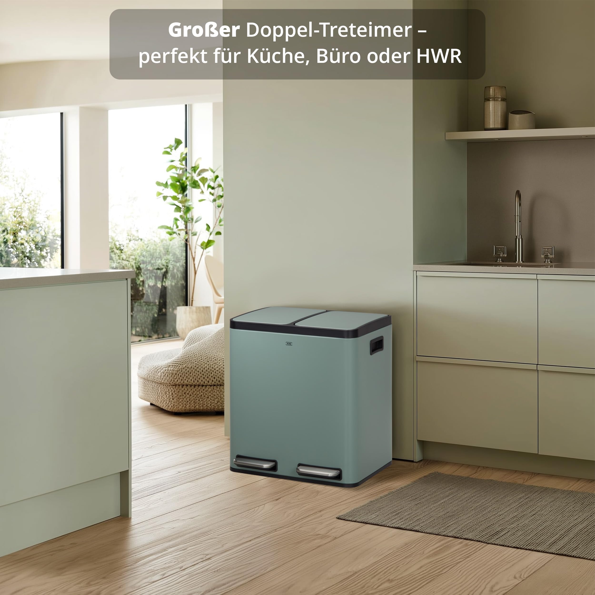 KHG Mülleimer 30 Liter (2x15L) Grün mit Tretfunktion - Abfalleimer zur Mülltrennung mit 2 separaten Deckeln, pulverbeschichtetes Eisen, herausnehmbare Inneneimer aus Kunststoff