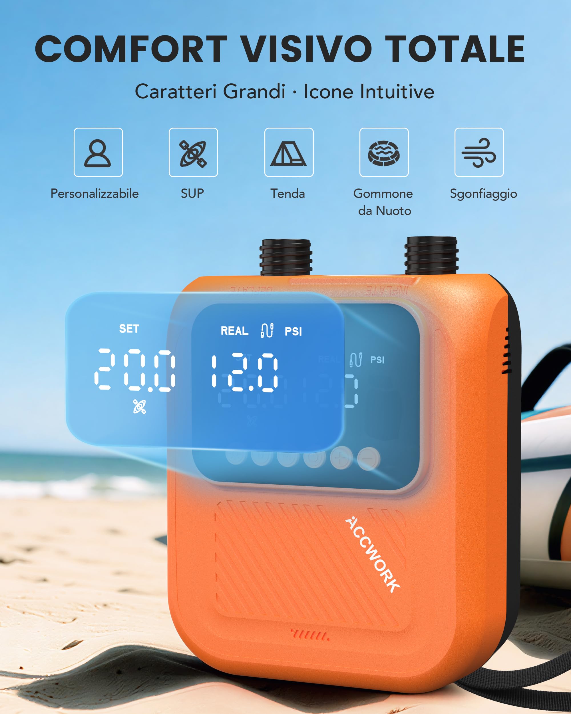 Pompa Elettrica SUP 20 PSI 12V per Auto con Spegnimento Automatico e Display Digitale, Pompa Inflazione e Deflazione con 7 Ugelli per Kayak, Materassini, Gommoni e Tende