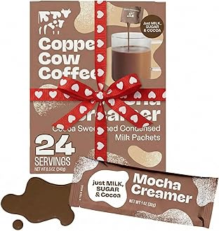 Copper Cow Coffee Sweetened Mocha Milk Creamer Singles (24 pack) | Vietnamese Inspired Coffee Creamer, All Natural Creamer Packets for Pour Overs & Lattes | No Refrigeration Needed, Travel Friendly