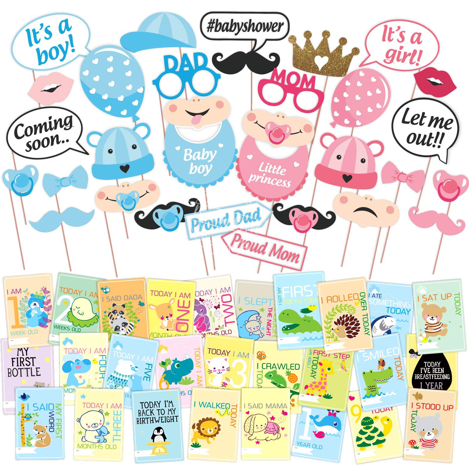 Wobbox Baby Shower Decoration Items| Baby Shower Photo Booth Props for Photoshoot, Baby Shower Milestone Card, Mom to Be Daddy to Be Decoration, Godh Bharai Decoration Kit-(FP375)