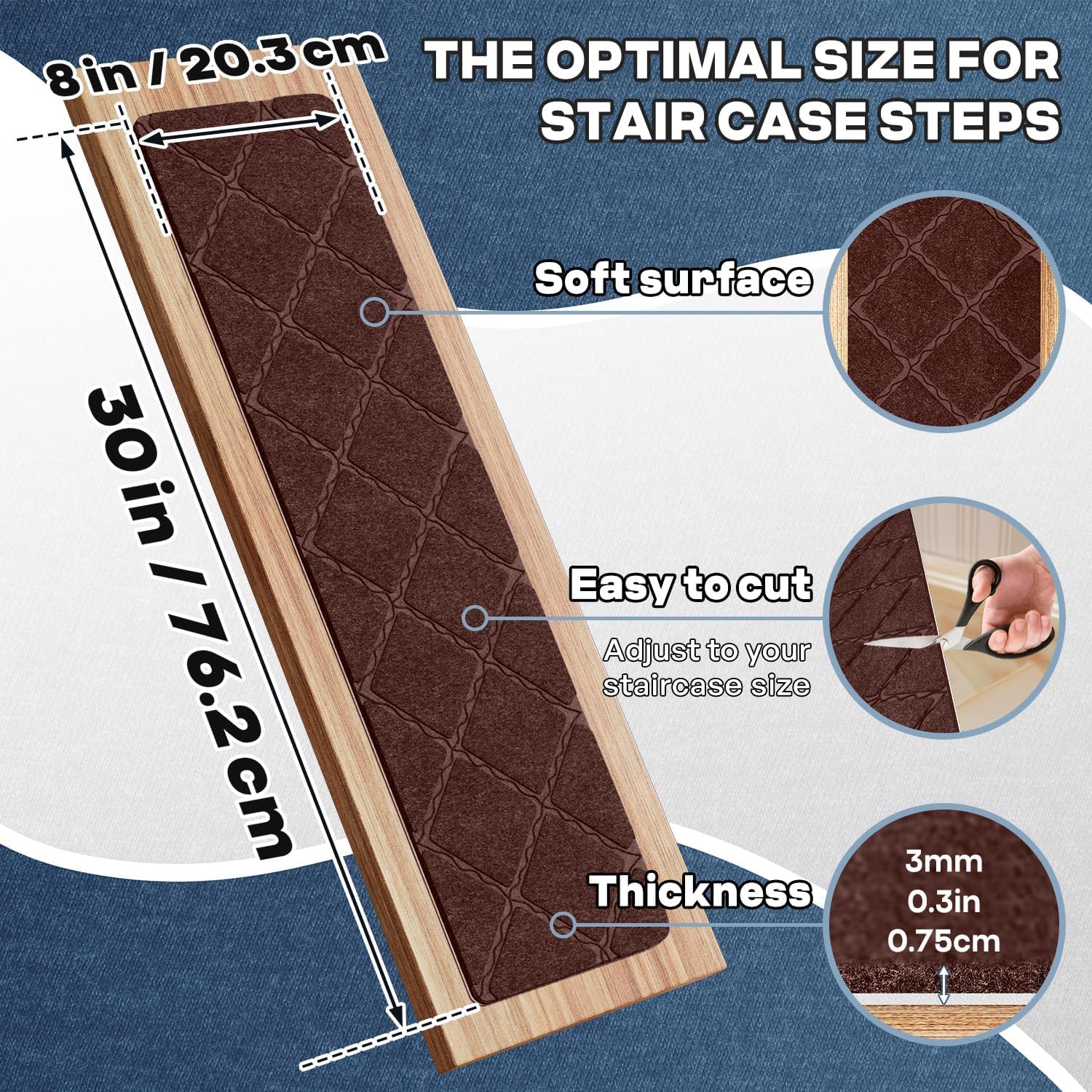 15 tappetini per scale in legno, 20,3 x 76,2 cm, adesivi per gradini delle scale, antiscivolo, riutilizzabili, per bambini, anziani e animali