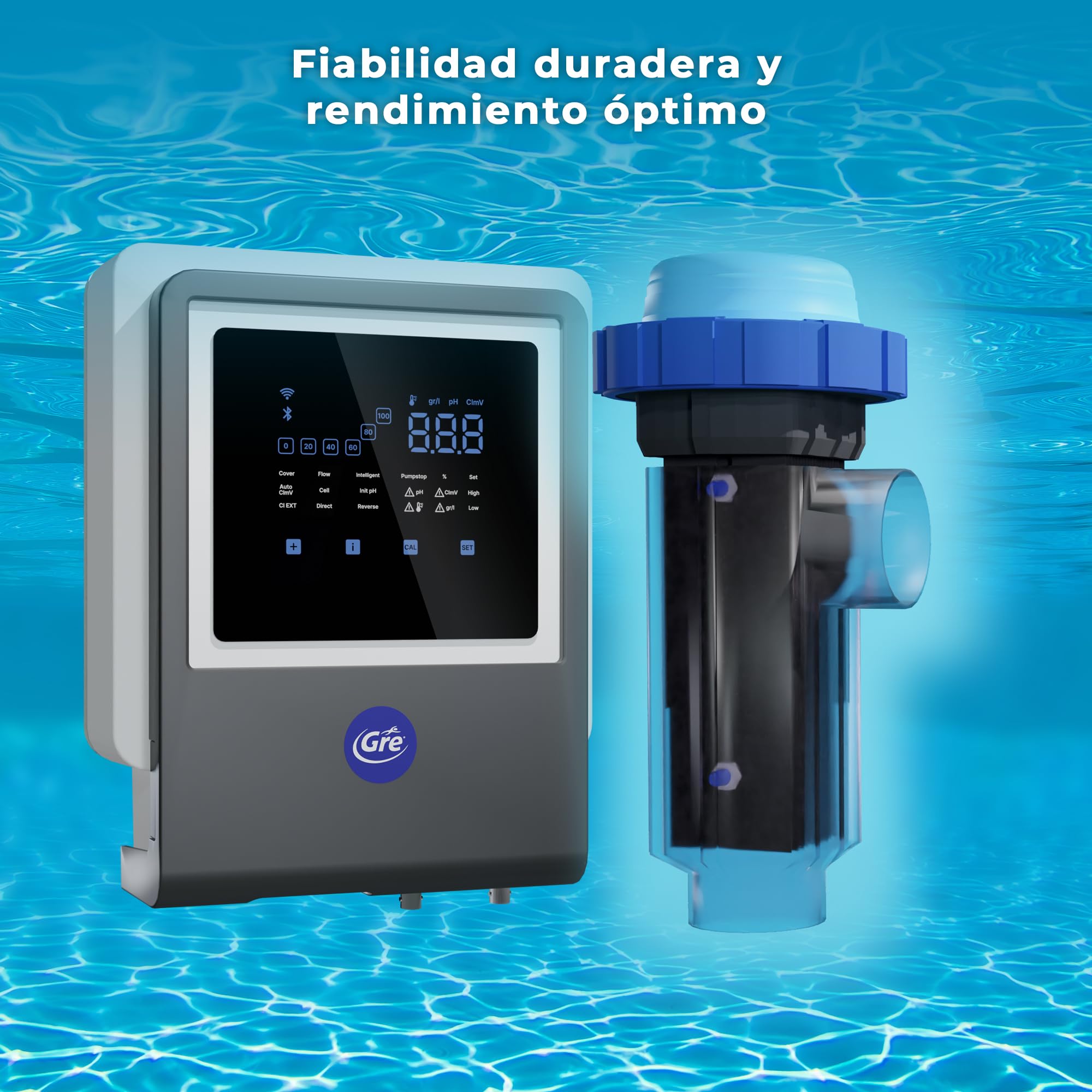 Gre - SWGA40 Clorador Salino Todo en Uno con Controlador de pH y Bomba Peristáltica, Conectado por App, 7 g/h, para Piscinas hasta 40 m³, Electrolisis de Sal Inteligente