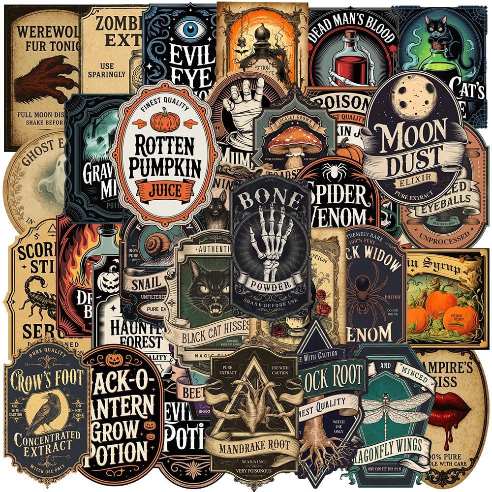View 1 of 100PCS Halloween Potion Label Stickers,Apothecary Magic Labels Stickers Waterproof Vinyl Stickers for Water Bottle Laptop Computer