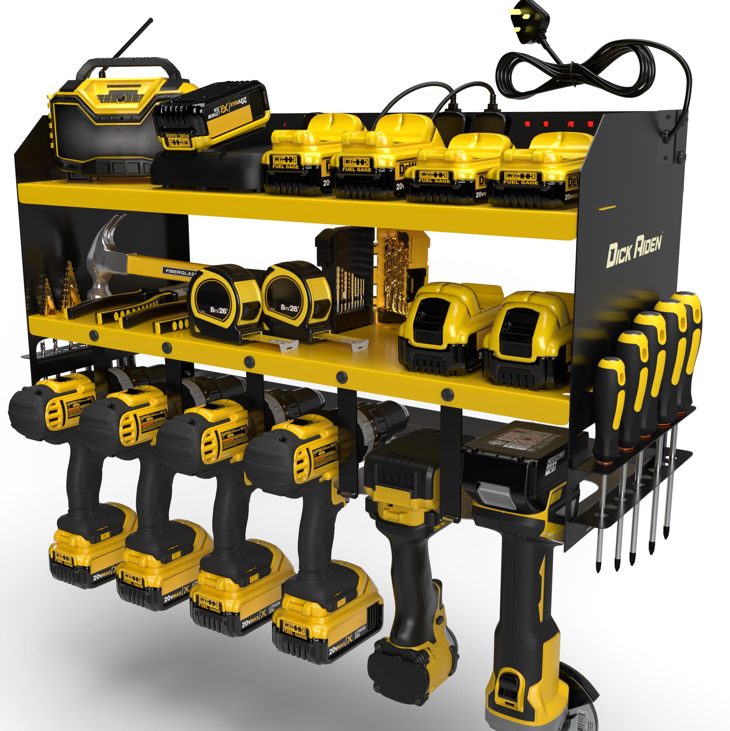 Toolganize Yellow 6-Slot Power Tool Organiser, Storage Rack With Power Strip Charging Station, Heavy-Duty For Workshop & Garage Tools - 6 Slot, Yellow.