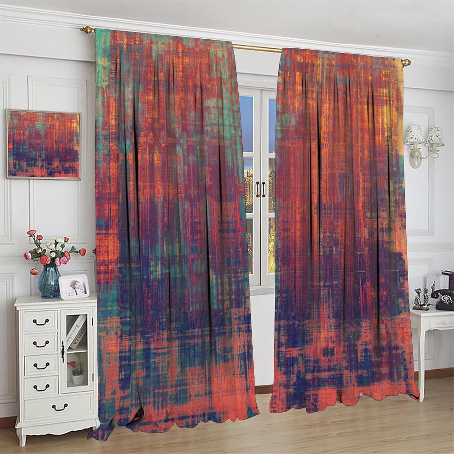 Grunge Texture Vintage Curtains Brown Purple Violet Blue Red Orange Ink Printing Curtain with Rod Pocket for Farmhouse Kitchen Decor Drapes Window Treatments 2 Panels Set 42x45 Inch
