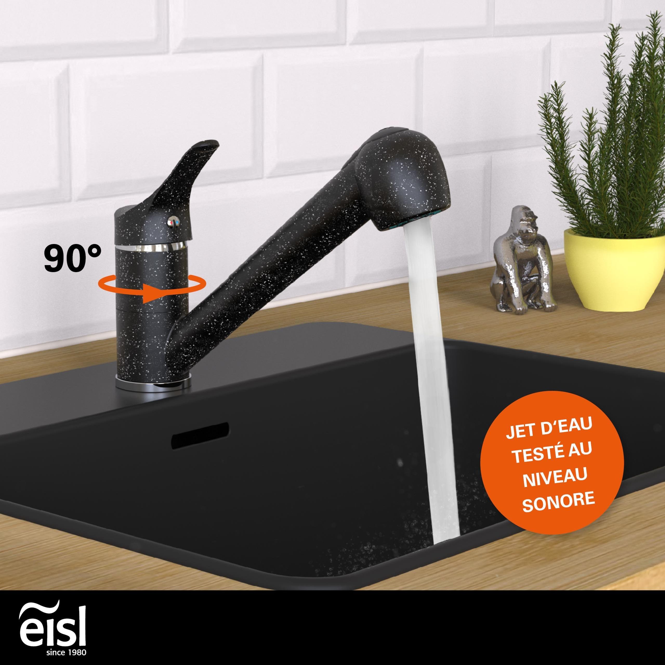 EISL GRANIT NI183SMCR Robinet d'évier avec douchette à 90° orientable Idéal pour double évier, robinet de cuisine, mitigeur monocommande avec douchette, noir