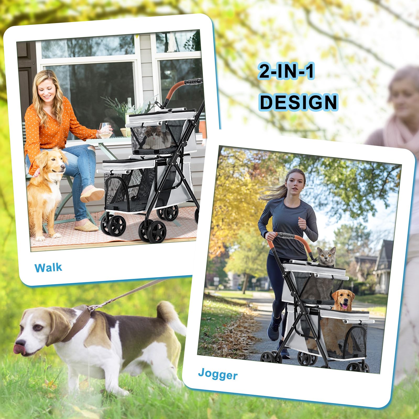 Hundebuggy Faltbar, Hundewagen Haustier Kinderwagen Hundebox Klappbar, Haustiere Buggy Geeignet für kleine Hunde und Katzen unter 20 kg (Grau)