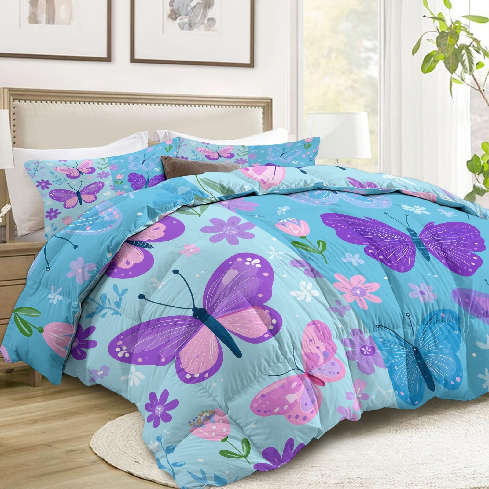 Trapunta Copriletto 260x240 cm Farfalle Fiori Trapuntino 4 Stagioni Stampa 3D, Trapunta Inverno Estivo, Trapuntato Coperta Letto per Adulti Bambini
