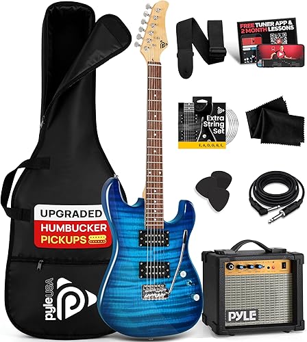 Pyle Kit de guitarra eléctrica con amplificador, instrumento de tamaño completo con pastillas Humbucker, amplificador de guitarra eléctrica y