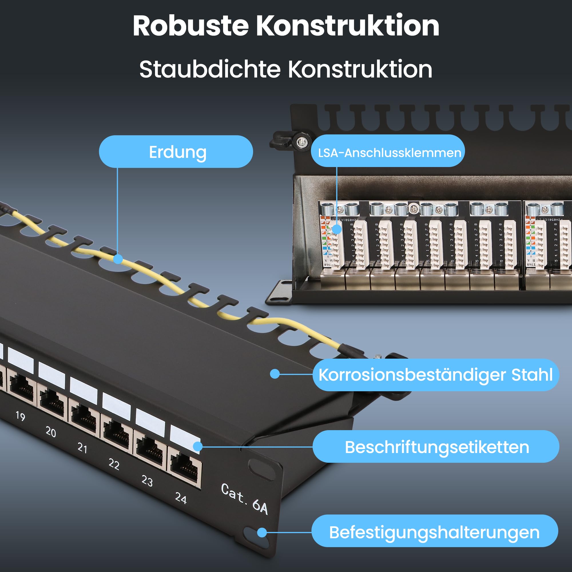 Extralink Patchpanel 24 Port CAT6A STP geschirmt 19 Zoll Patchfeld RJ45