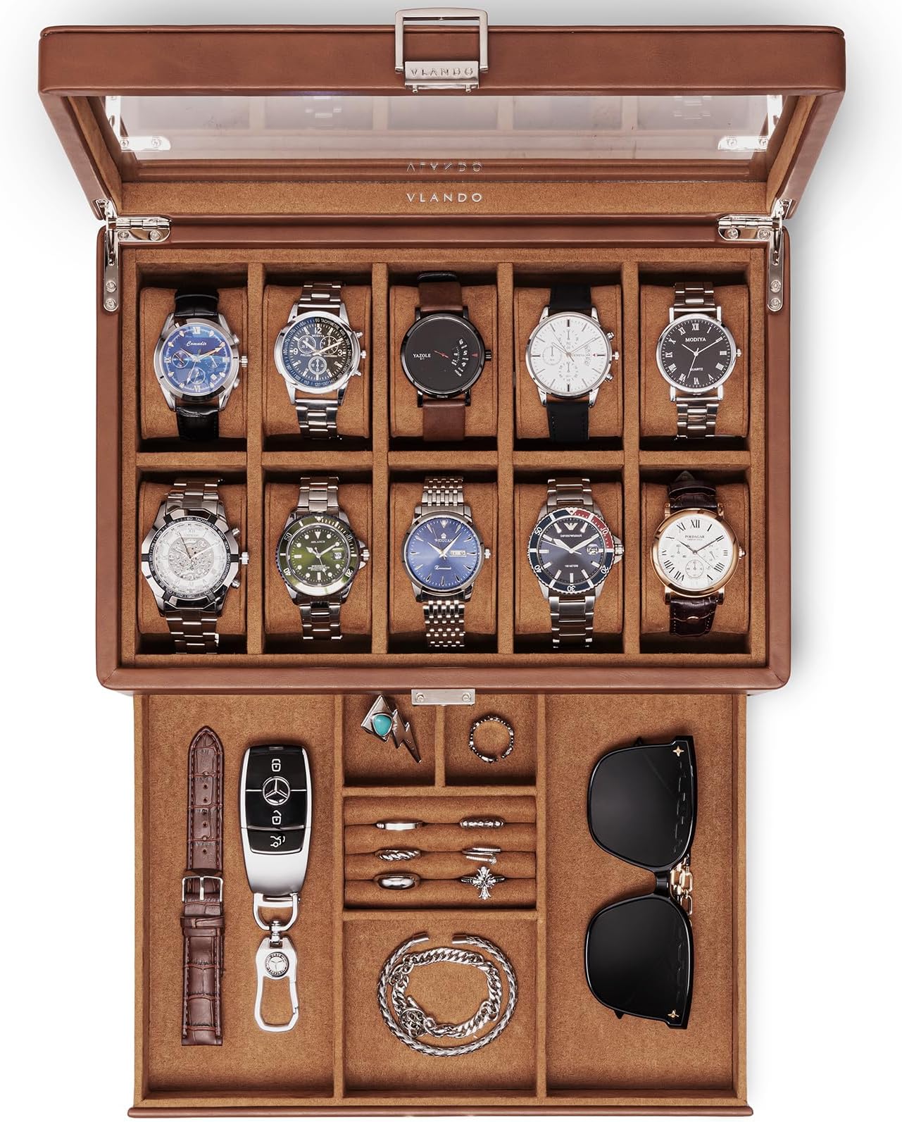 VLANDO Watch Box for Men, 10-Slot 2-Layer Watch Case with Glass Lid, Lockable Textured Leather Display Organizer with Drawer for Rings Glasses Cufflinks, Watch Holder for Dad Husband Collector, Brown