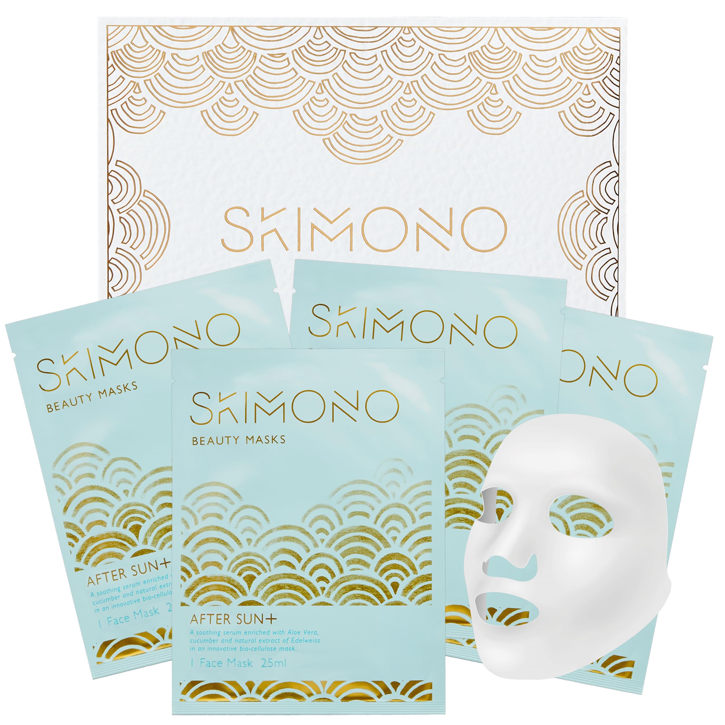 Skimono After Sun Moisturising Face Mask (4 Pack) Bio-Cellulose Cooling Face Mask with Aloe Vera, Hydrating Sheet Mask for Sun Recovery
