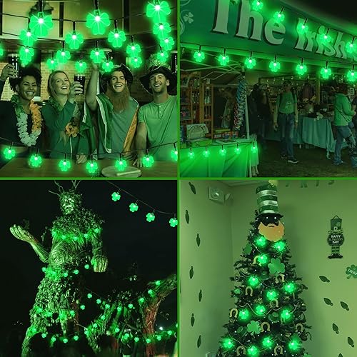 Miniatura 3 de BeHiller Guirnalda de luces solares de trébol verde para decoración del día de San Patricio, 50 luces LED solares de trébol de la suerte, decoración