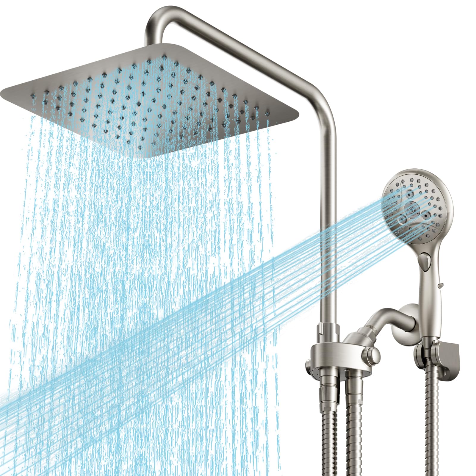 VXV 10 Inch Big Square Rain/Rainfall Shower Head with Adjustable Height, High Pressure 7 Modes Shower Head with Handheld Spray, Brushed Nickel Dual Shower Head Combo with 71