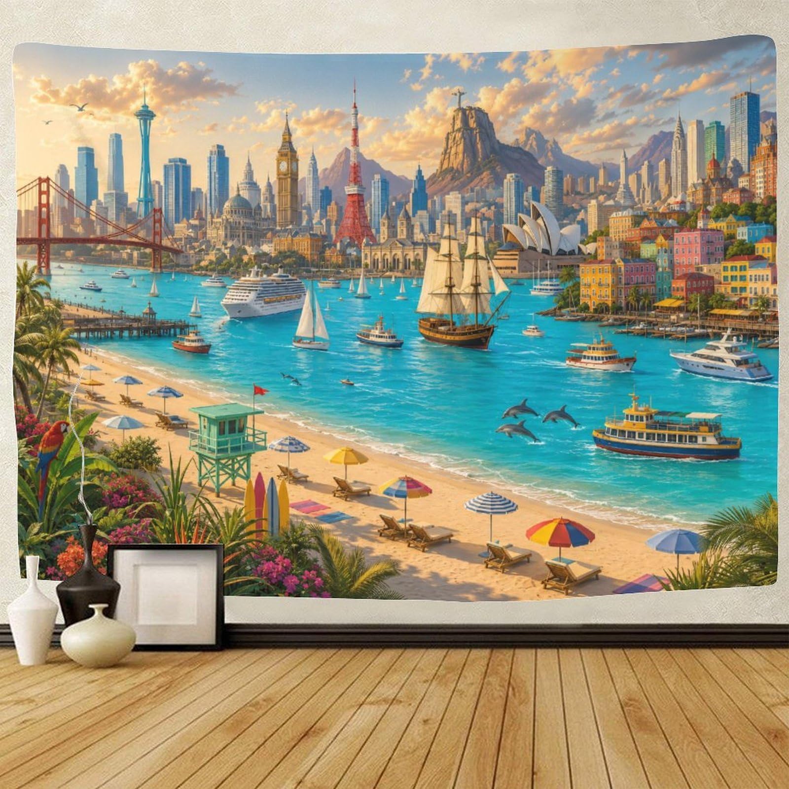 GPMNBCXZK World Famous Landmarks Collage 3D Print Tapestry for Bedroom Wall Hanging Decor Tapestries Poster Curtain Bedroom Dorm 180cmx230cm
