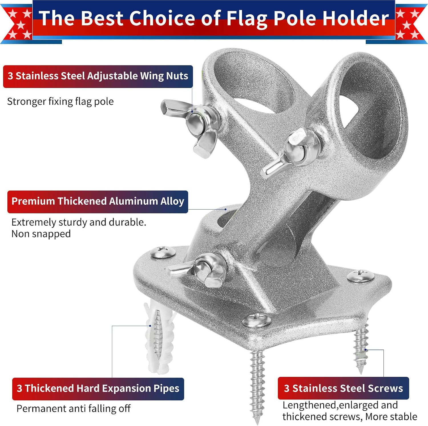 Flag Pole Holder, Outside House Flag Pole Bracket, Heavy Duty Metal Flag Mount, Aluminum Alloy Mounting Brackets, Outdoor Flag Holder- Strong Rust Free, Dual Position 1 inch Silver image 2