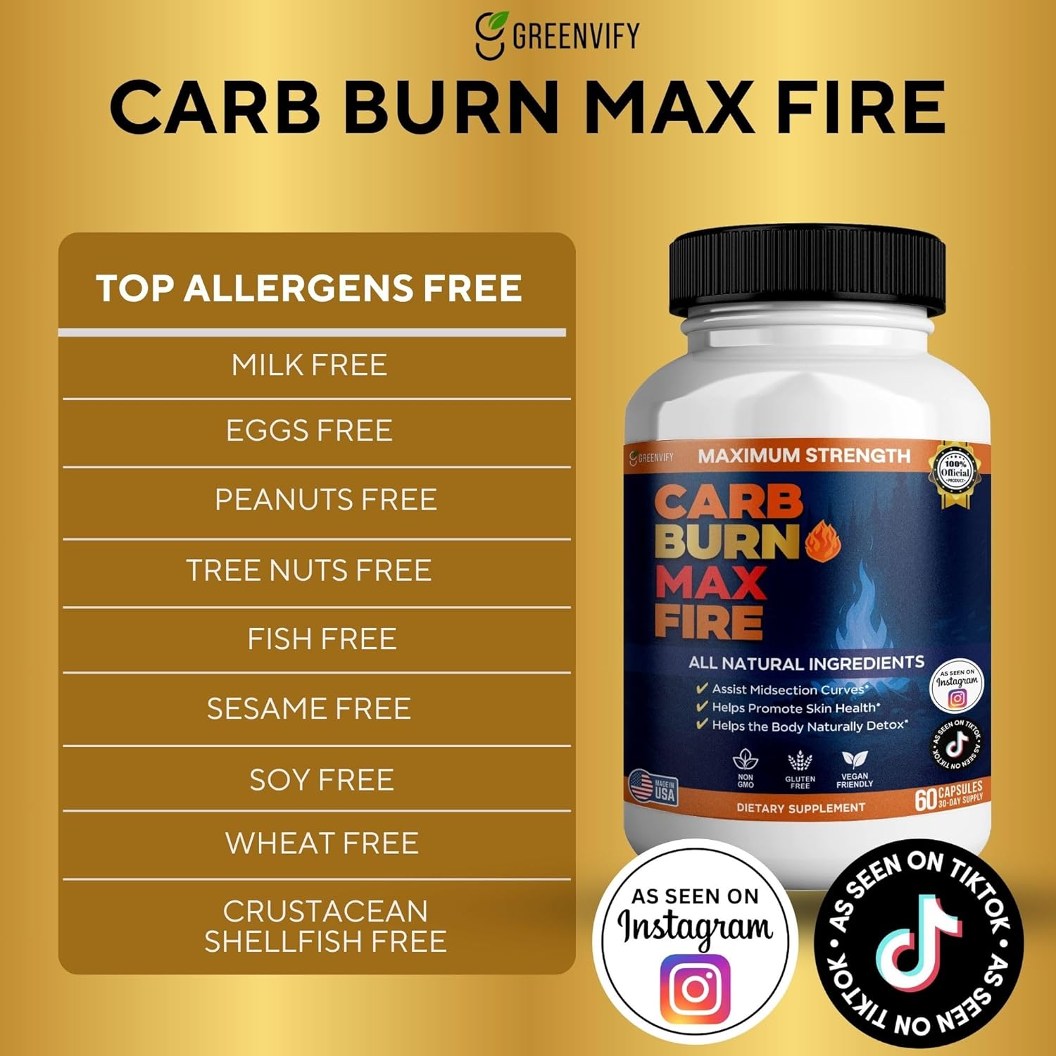 Carb Burn Max Fire, Maximum Strength Natural Supplement, 60 Capsules, 30 Day Supply, Vegan, Gluten Free (3)
