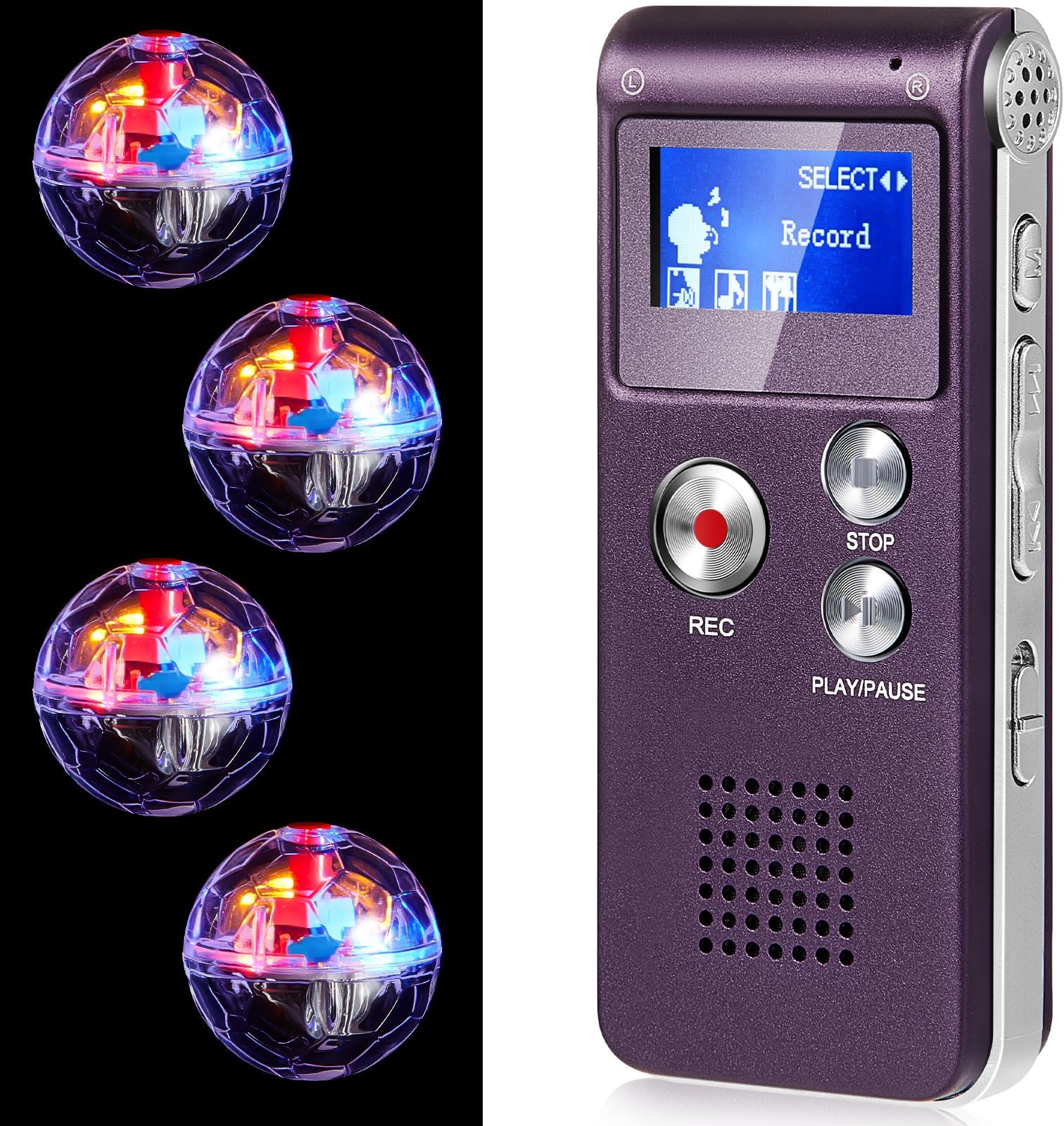 Dunzy 5 Pcs Ghost Hunting Kit Includes Digital Voice Recorders with 4 LED Cat Balls Motion Activated Cat Ball Toy Voice Activated Recorder with Playback for Pet Dog Animals(Purple)