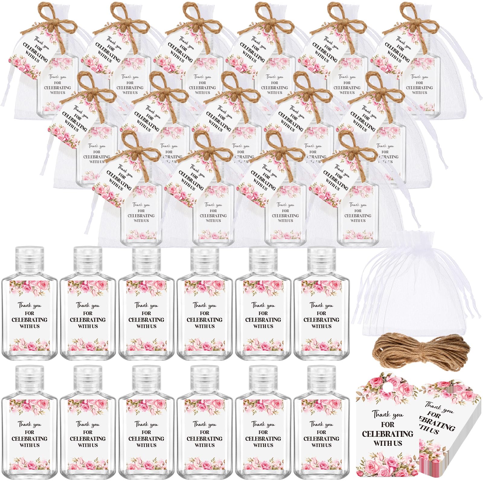 50 sets mini hand sanitizer bottles bulk 2oz empty christmas hand sanitizer travel size wedding favors for guests with organza bags thank you tags for woman employees(flower,pink)
