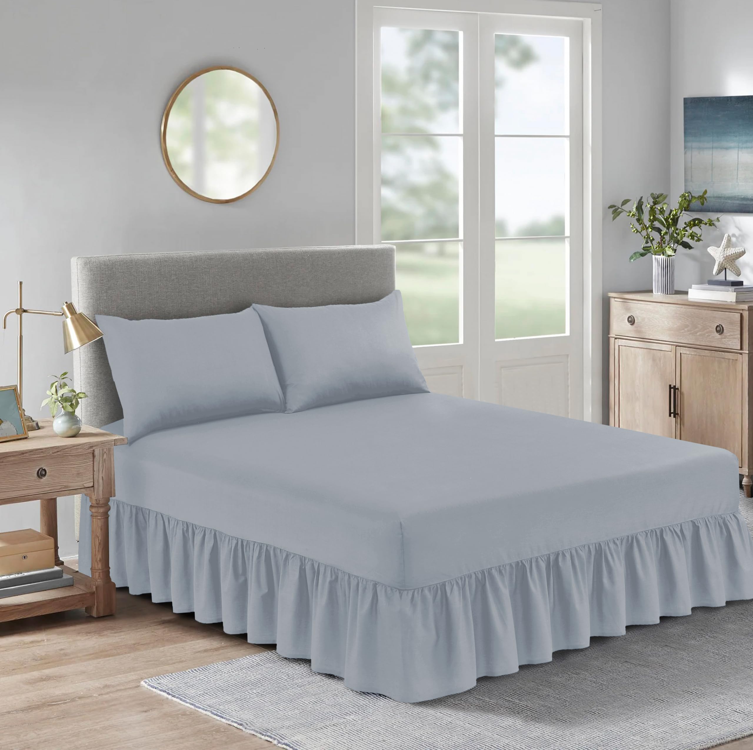 ROOEE Valance Fitted Sheets: Plain Valance Fitted Sheets .Poly Cotton, Single,Double,King Bed Sheets (Silver, Single)