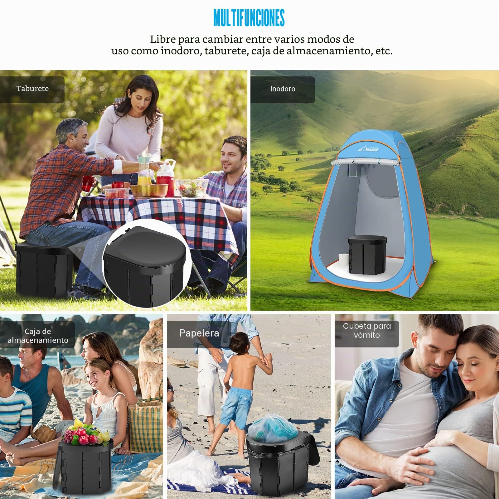 Inodoro portátil para camping, plegable, para adultos, con tapa y soporte retráctil para papel higiénico, impermeable, con bolsa de transporte y fundas desechables, para camping, senderismo, caravanas