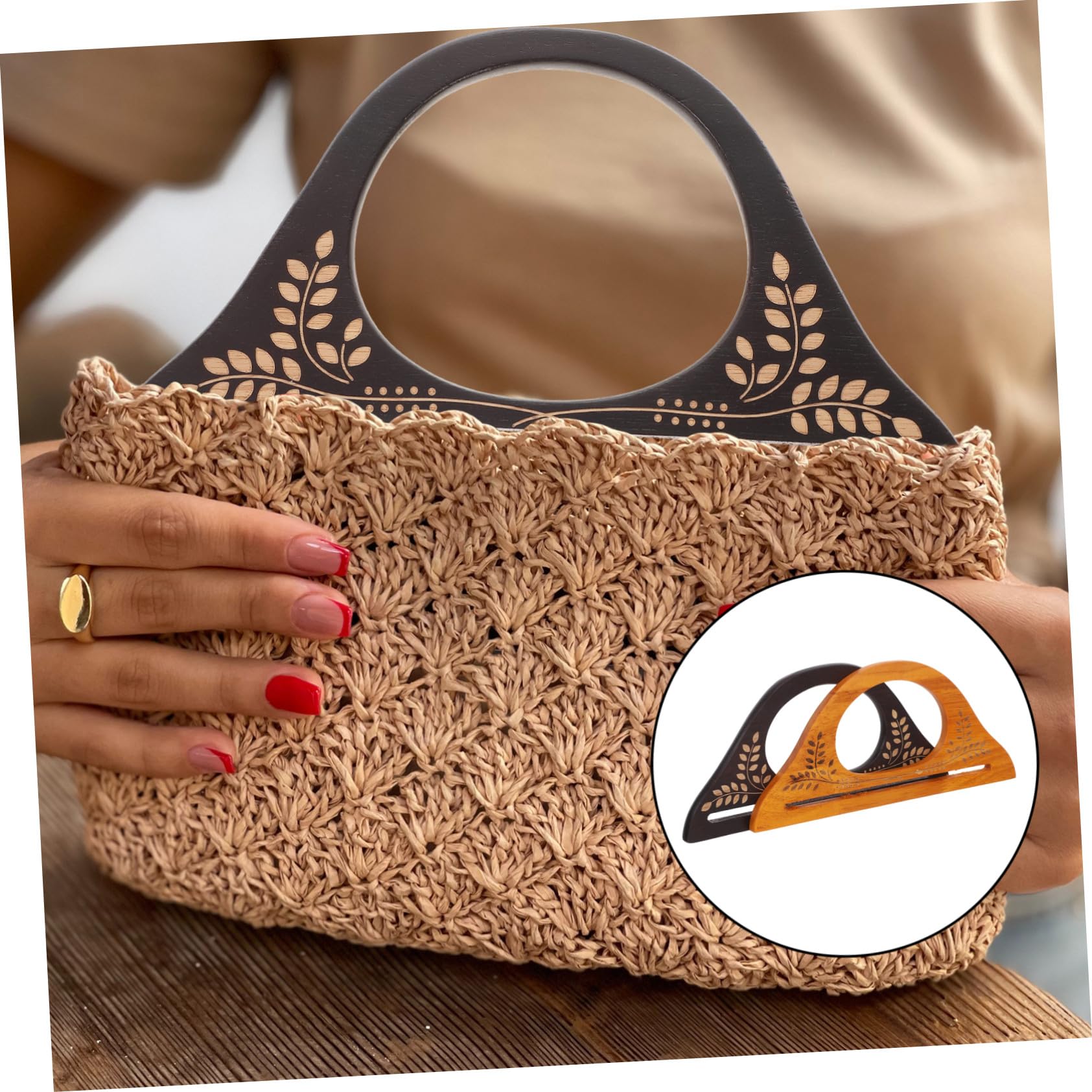 Gatuida 4 Piezas Asas de Madera para Bolsos de Ganchillo y Tote Mango Forma D con Diseño Tallado Accesorios de Repuesto para Bolsos Hechos Mano