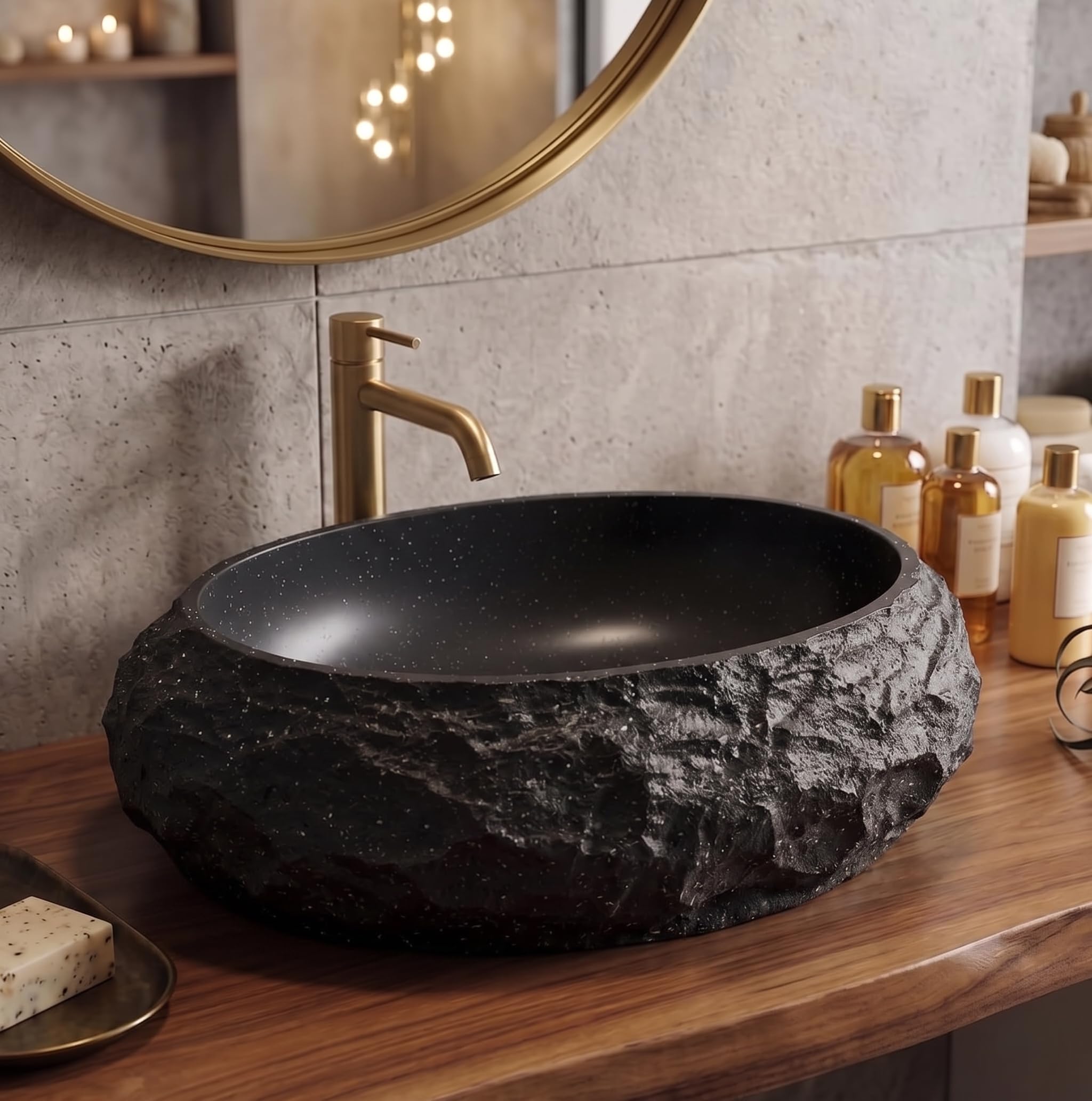 BASSINO 20x15x6 Inches Designer Artificial Stone Tabletop Wash Basin/Black Stone Texture Luxury Countertop Sink for Bathroom/Luxury Rock Finish Washbasin for Home & Hotel/Oval Shape Basin(Matt)-image-36